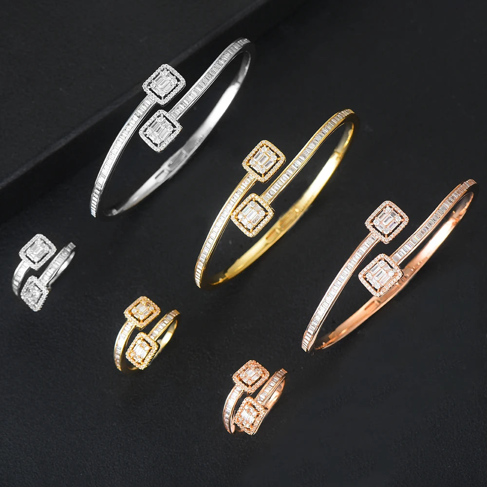 Luxury Stackable Cuff Bangles For Women Wedding Full AAA Cubic Zircon Crystal CZ Dubai Bridal Bracelets Party Jewelry 2022