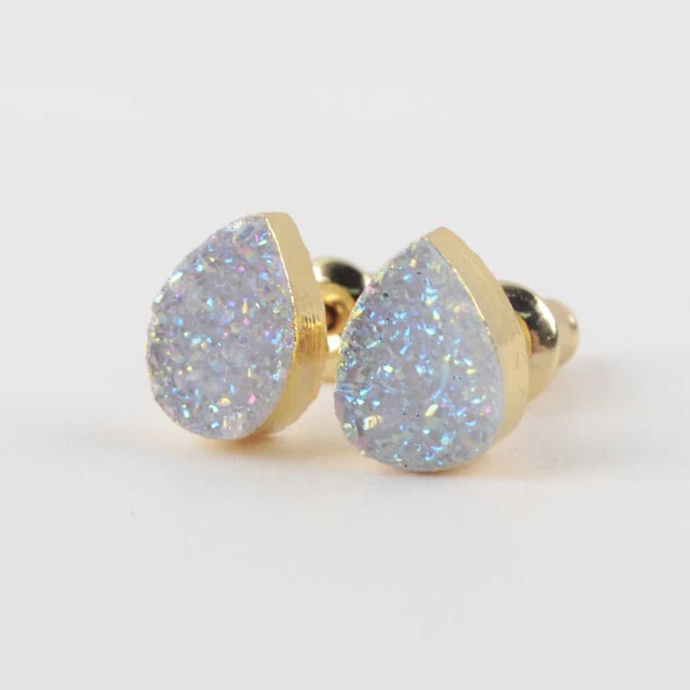 5/10Pairs Teardrop Rainbow Druzy Stud Earring Natural Agates Titanium Golden Crystal Earrings Women Statement Jewelry G1945