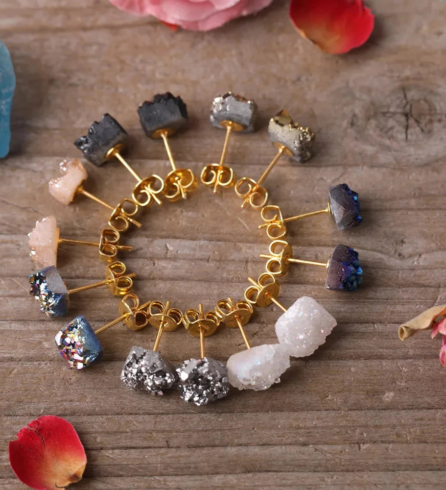 Natural Druzy Drusy Geode Agates Irregualr Chip Beads Stud Earrings Women Agates Stone Earstuds Jewelry