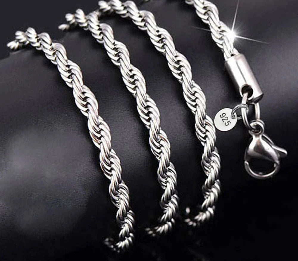 Top Sale Fine 925 Sterling Silver Popcorn Link Chain Necklace for Male Female Unisex Jewelry 3mm Twisted Rope Collar 16-30 Inch