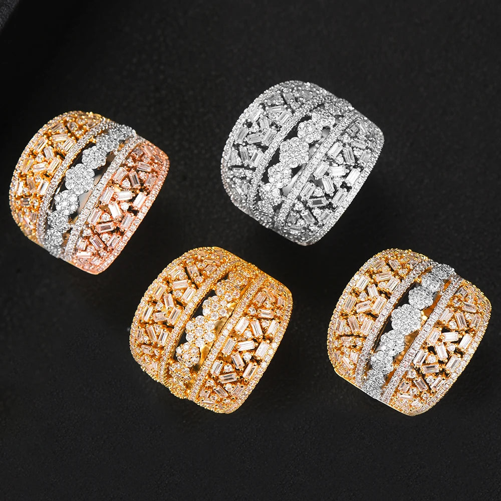 Luxury Bagutte Cut Bold Rings with Zirconia Stones 2022 Women Engagement Party Jewelry High Quality
