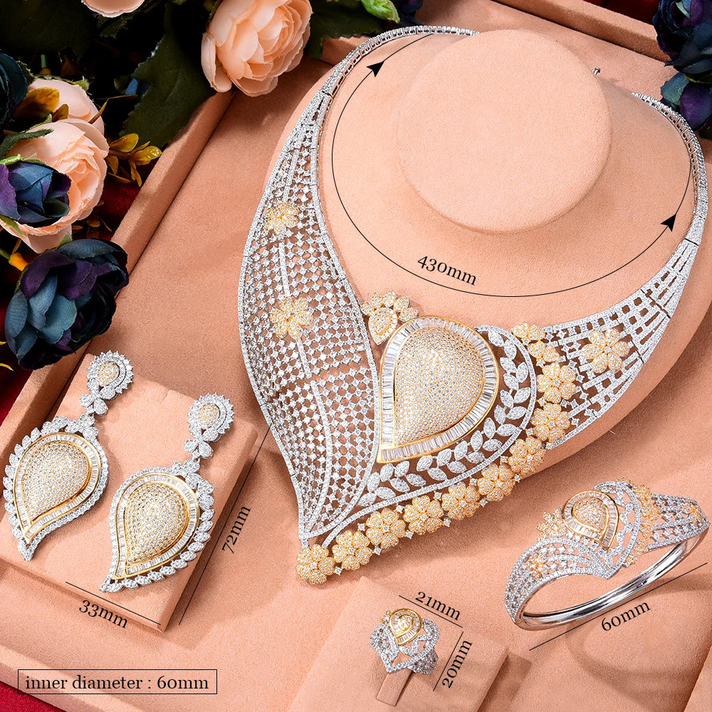 Super BIG Luxury 4PCS Leaf Flowers Africa Cubic Zirconia Set Jewelry Set For Women Wedding Cubic Zirconia Dubai Bridal Set
