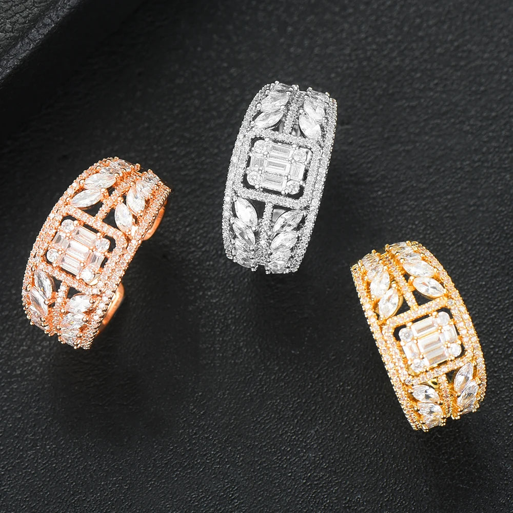 3 Colors Luxury Peace Leaf Rings with Baguette Cubic Zirconia Stones 2020 Women Engagement Party Jewelry Free Size