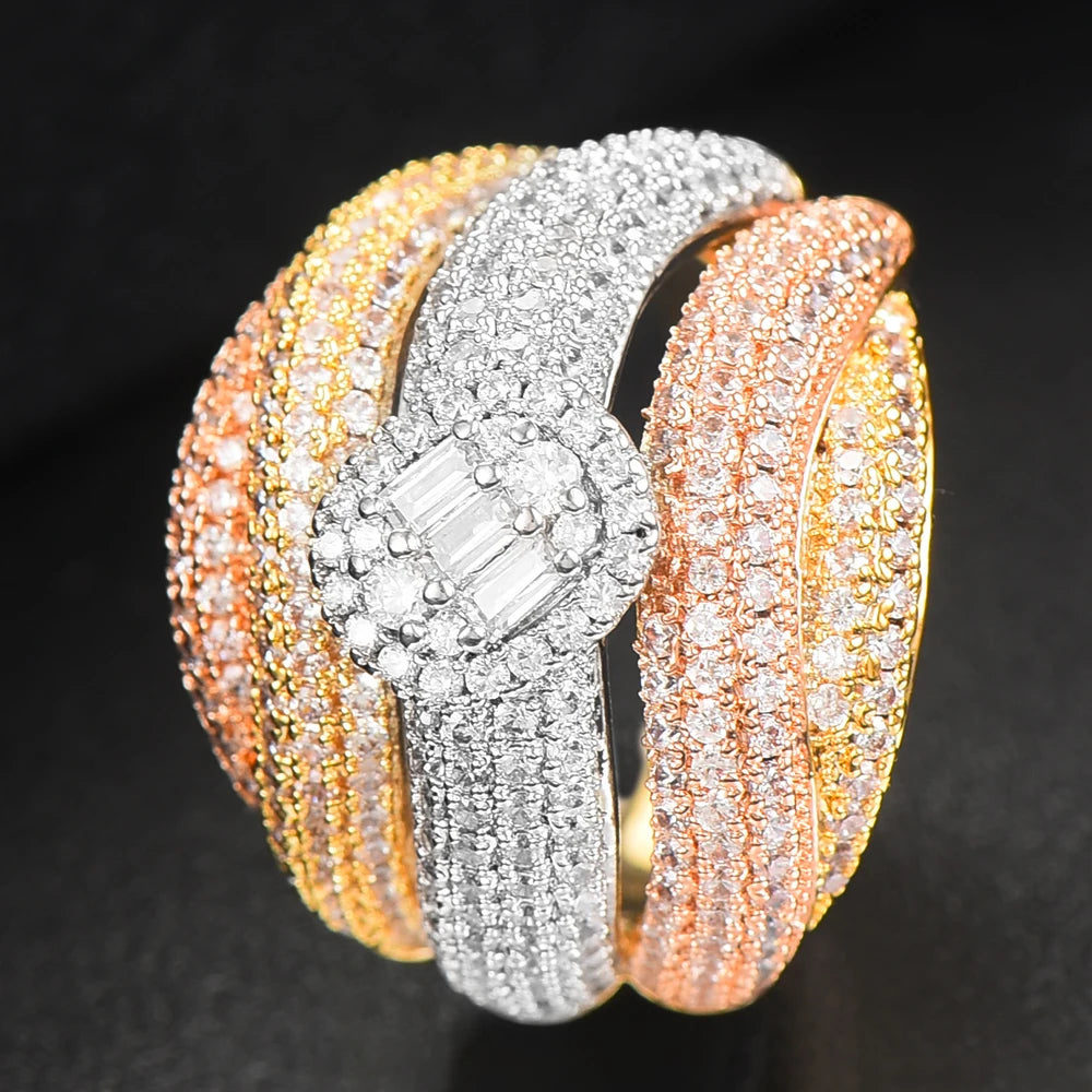 Luxury Corssover Chic Bold Statement Rings with Zirconia Stones 2020 Women Engagement Party Jewelry High Quality