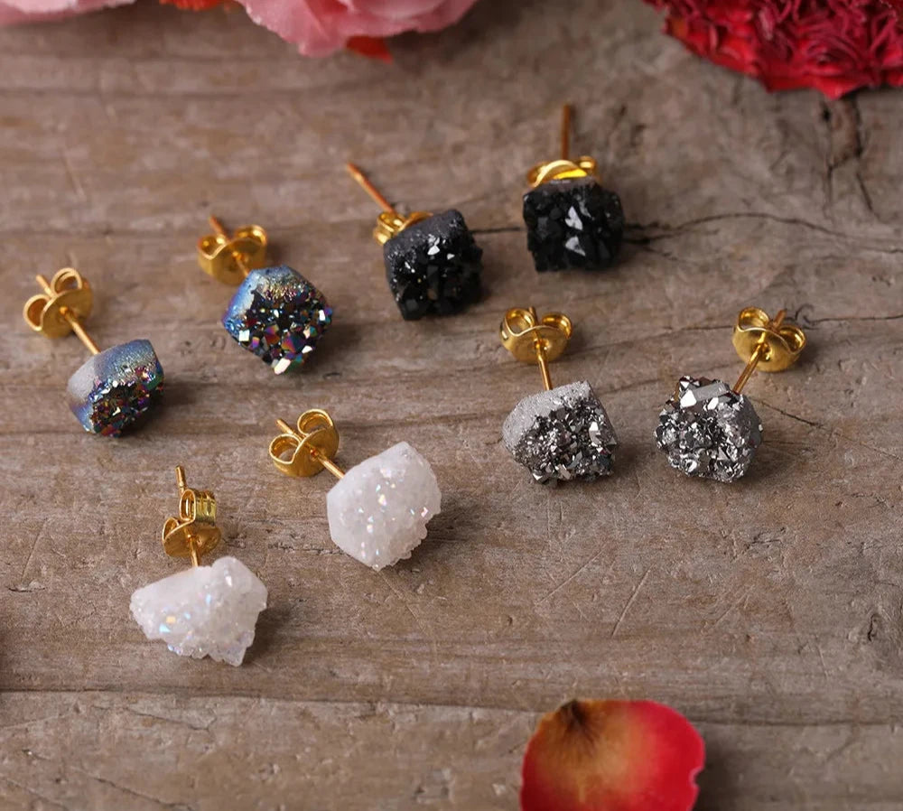 Natural Druzy Drusy Geode Agates Irregualr Chip Beads Stud Earrings Women Agates Stone Earstuds Jewelry