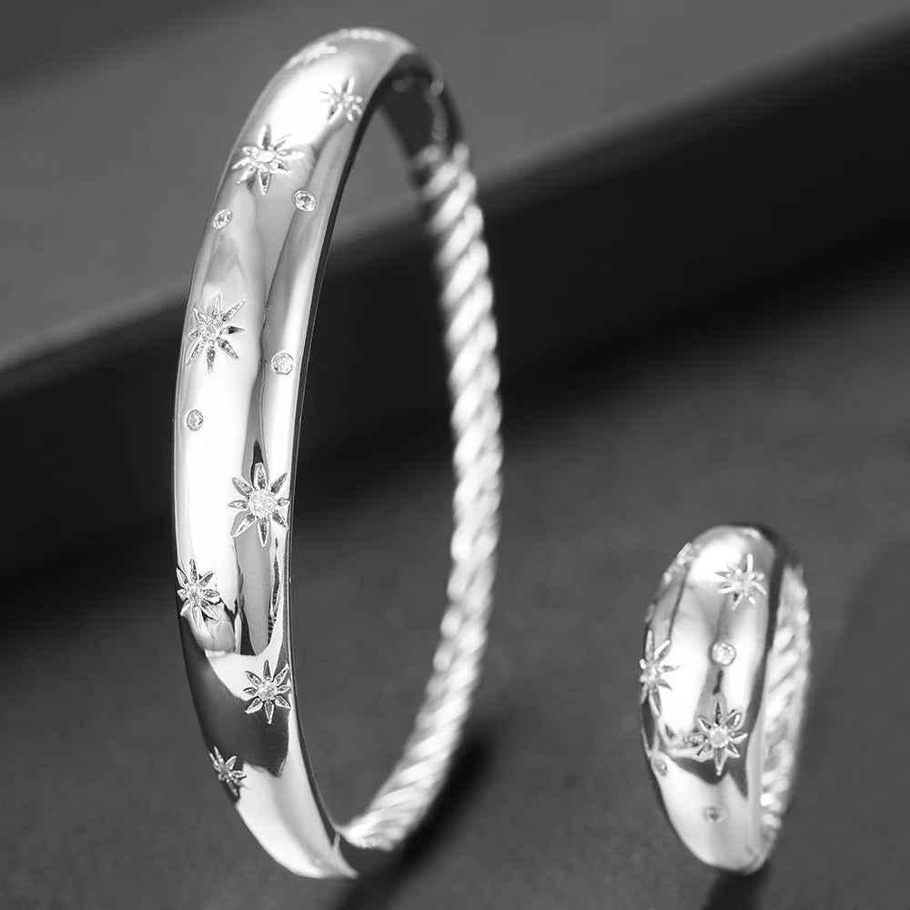 Trendy Luxury Stackable Bangle Cuff For Women Wedding Full Cubic Zircon Crystal CZ Dubai Silver Color Party Bracelet 2023