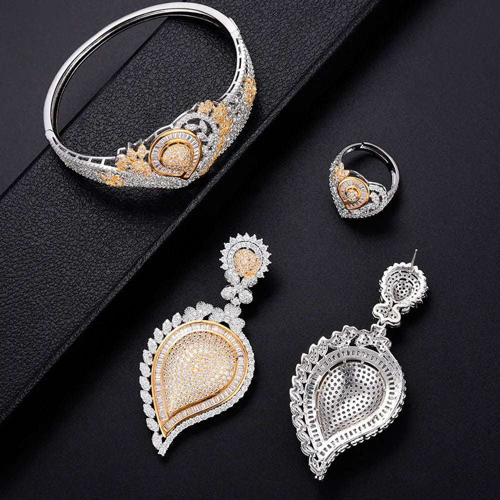 Super BIG Luxury 4PCS Leaf Flowers Africa Cubic Zirconia Set Jewelry Set For Women Wedding Cubic Zirconia Dubai Bridal Set