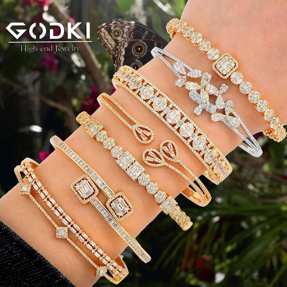 Luxury Stackable Cuff Bangles For Women Wedding Full AAA Cubic Zircon Crystal CZ Dubai Bridal Bracelets Party Jewelry 2022
