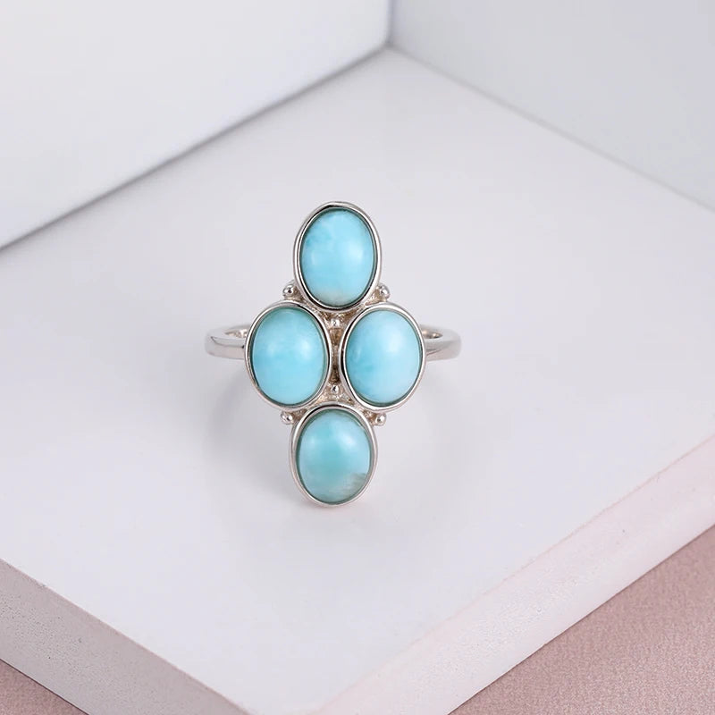 New Trend 925 Sterling Silver Natural Gemstones Larimar Ring for Women Geometry Design Classic Simple Female Jewelry Dating