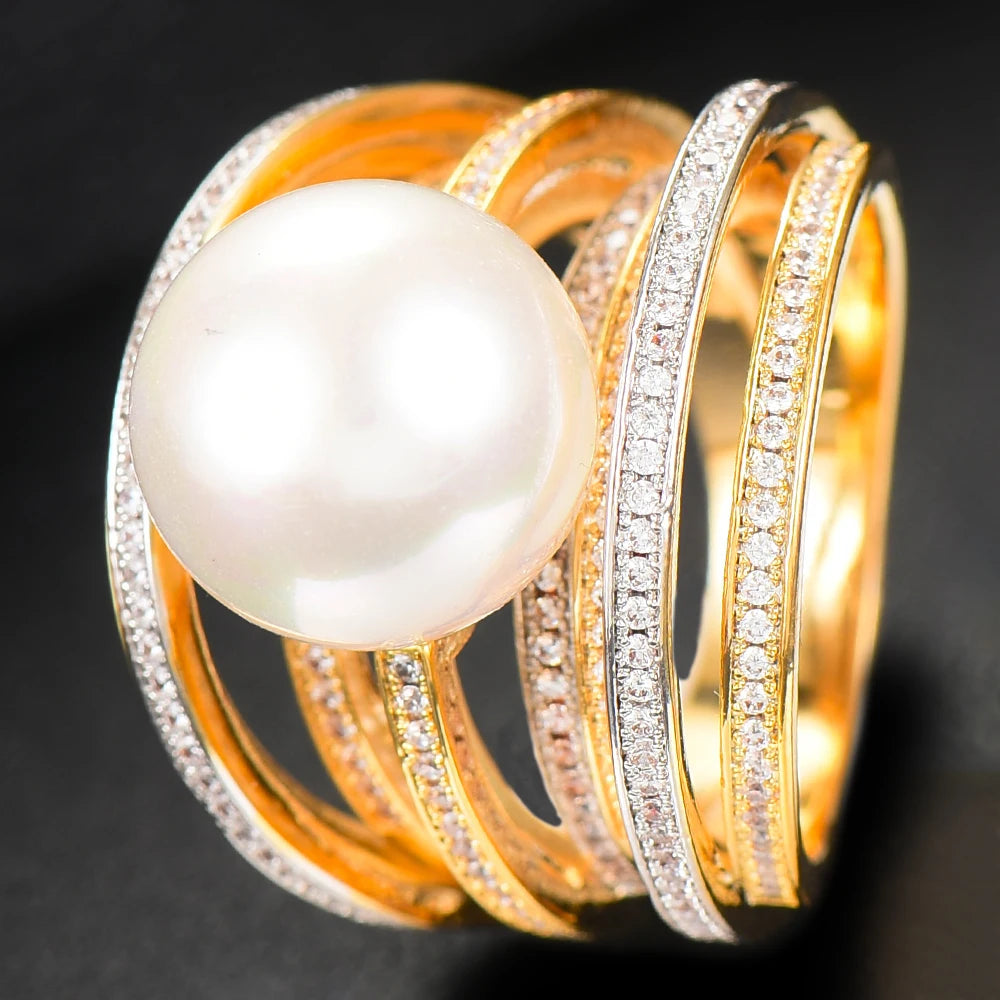 Trendy Twist Pearl Statement Rings for Women Cubic Zircon Finger Rings Beads Charm Ring Bohemian Beach Jewelry 2019