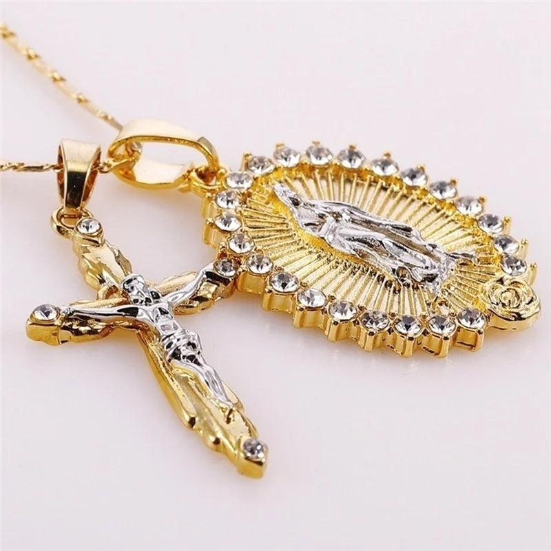 Classic Gold Plated Cross Crucifix Jesus Necklace Virgin Mary Necklace Religious Jewelry for Men Women Necklace Party Gifts