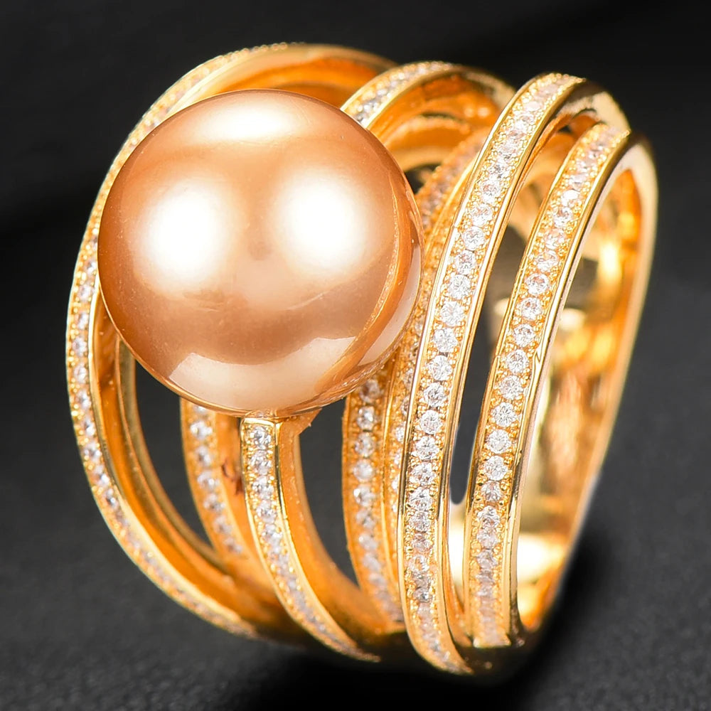 Trendy Twist Pearl Statement Rings for Women Cubic Zircon Finger Rings Beads Charm Ring Bohemian Beach Jewelry 2019