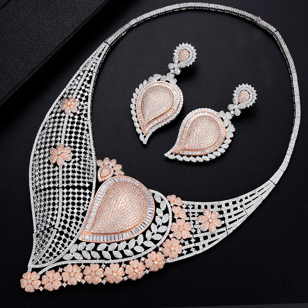 Super BIG Luxury 4PCS Leaf Flowers Africa Cubic Zirconia Set Jewelry Set For Women Wedding Cubic Zirconia Dubai Bridal Set