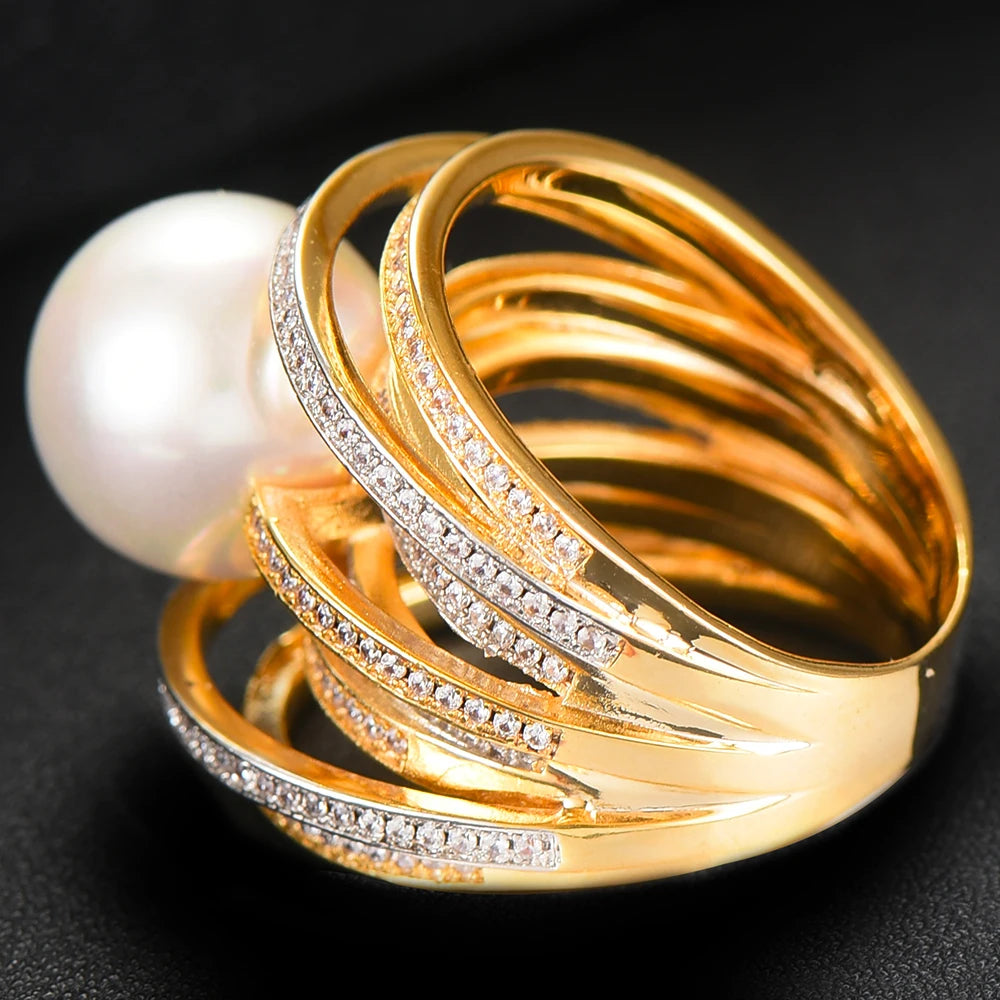 Trendy Twist Pearl Statement Rings for Women Cubic Zircon Finger Rings Beads Charm Ring Bohemian Beach Jewelry 2019