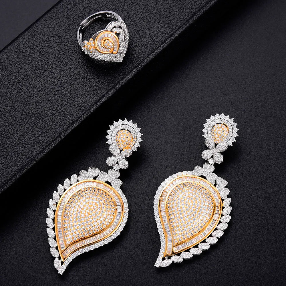 Super BIG Luxury 4PCS Leaf Flowers Africa Cubic Zirconia Set Jewelry Set For Women Wedding Cubic Zirconia Dubai Bridal Set