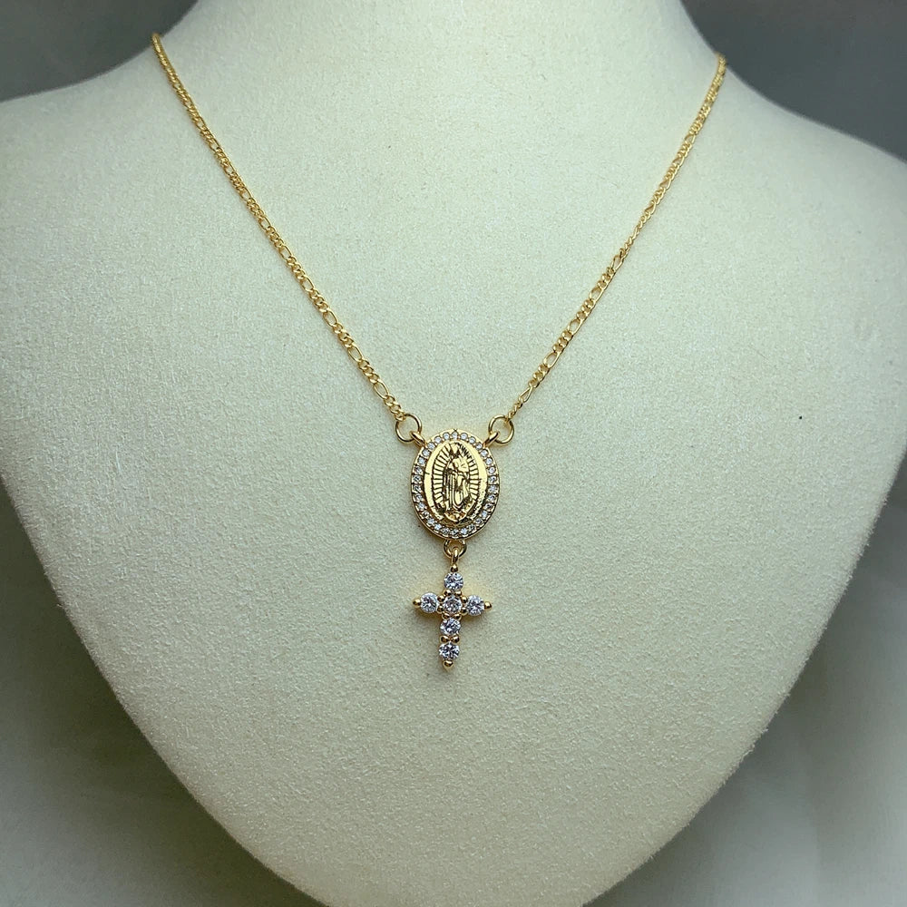 Metal Plated Gold Zircon Small Cross Virgin Mary Pendant Figaro Chain Necklace For Women 2021 Neck Jewelry