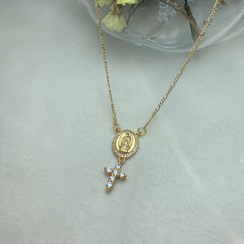 Metal Plated Gold Zircon Small Cross Virgin Mary Pendant Figaro Chain Necklace For Women 2021 Neck Jewelry