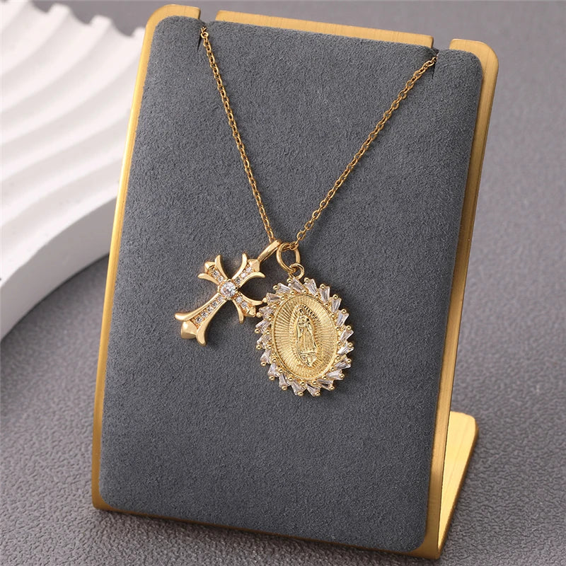 Multiple styles copper Necklace zircon Golden circular Cross Virgin Mary Pendent Necklaces For Charm Women Birthday Jewelr