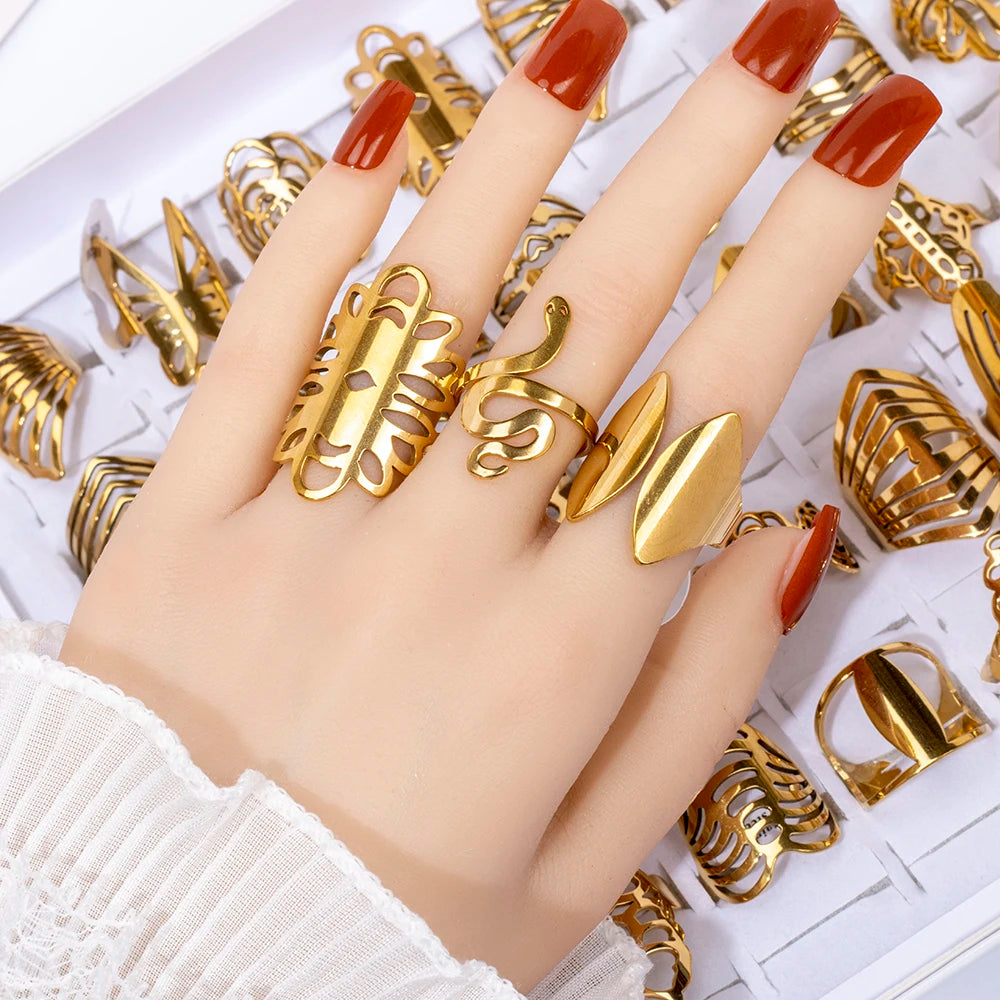 20pcs/lot Women's Fashion Stainless Steel Big And Small Hollow Cut Jewelry Rings Mix Love Flower Heart Style For Party Gift