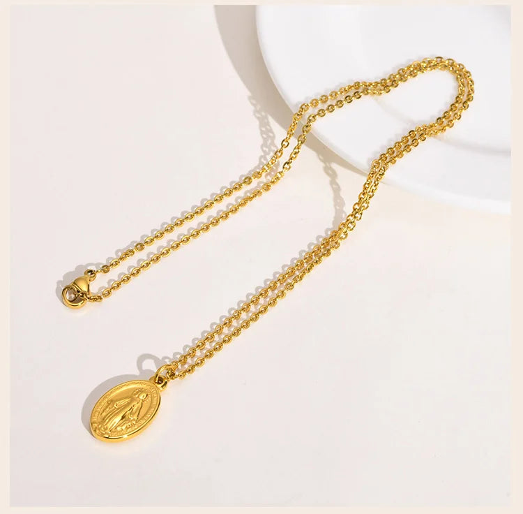 Women Necklace Virgin Mary Guadalupe Charm Pendant, Stainless Steel Jewelry