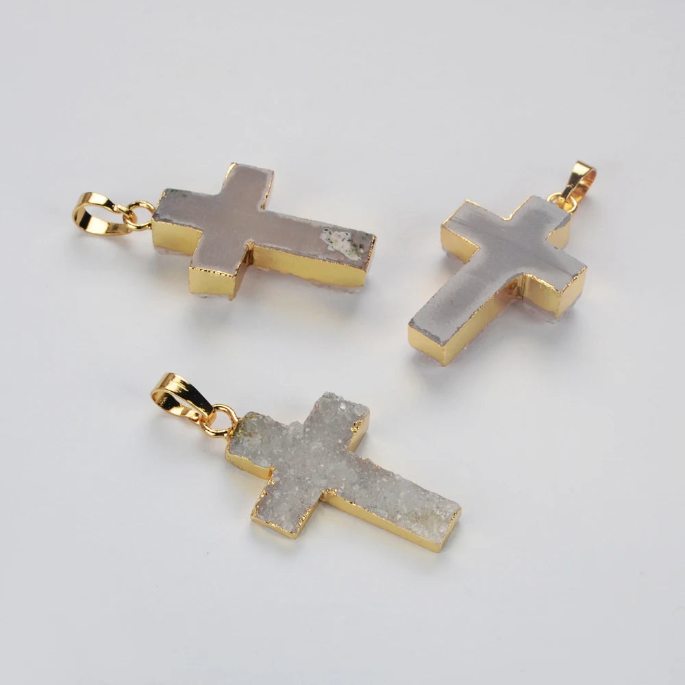 Unique Golden Plated Cross Natural Agate Druzy Pendant Genuine Stone Charms for Women Necklace Jewelry Wedding Gifts