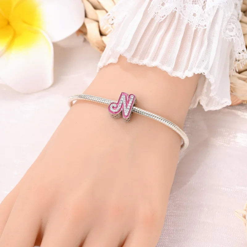 925 Sterling Silver Romantic Pink 26 Letters DIY Love Charms Beads Fit Pandora 925 Original Bracelets Fine Birthday Jewelry Gift