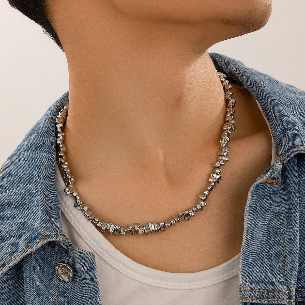 Hip Hop Irregular Beads Short Choker Necklace for Men Trend Silver Color CCB Beaded Collar Chain Male Jewelry on the Neck New