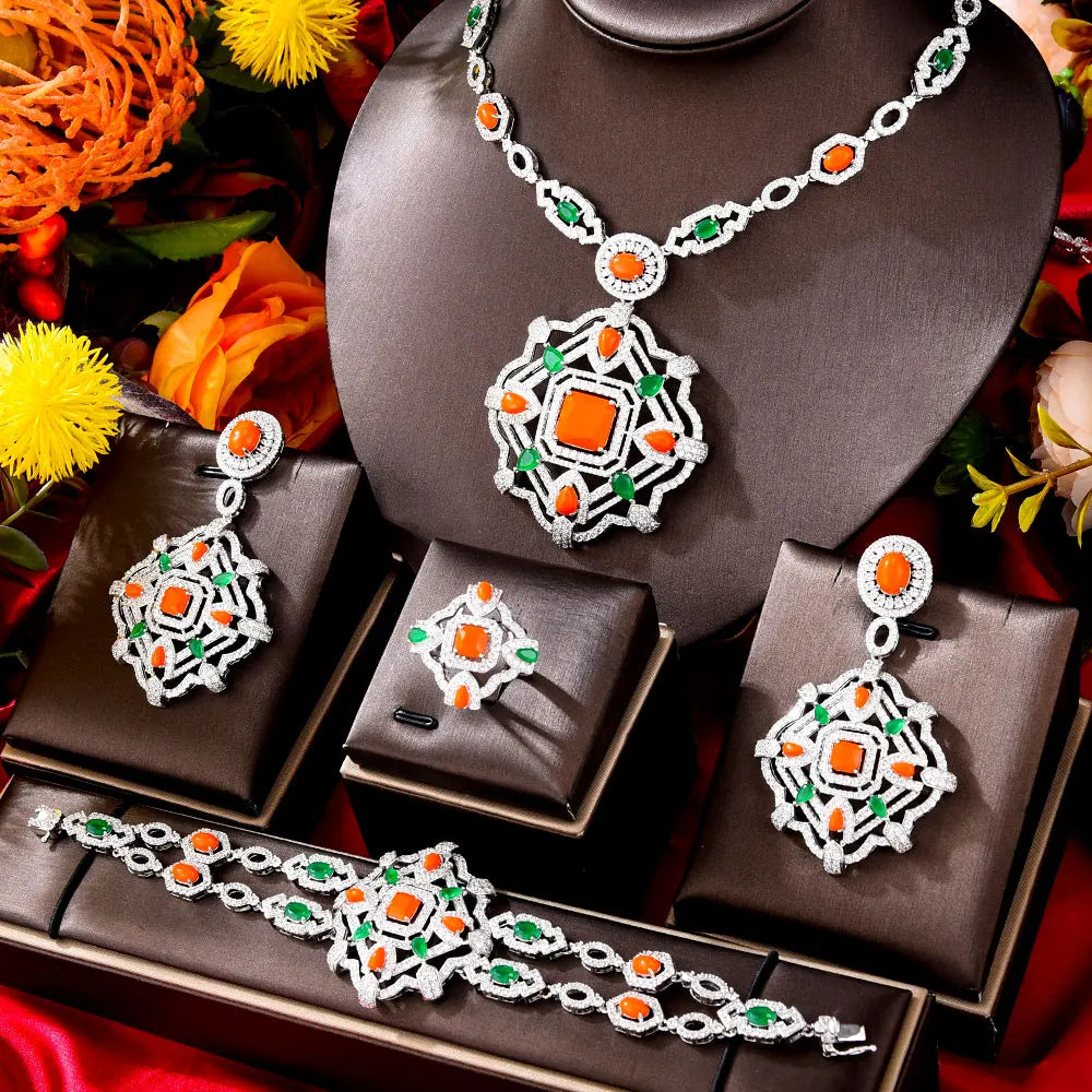 New 4PCS Real Pink Coral UAE Dubai Bridal Jewelry Set For Women Wedding Party Nigerian African Long Necklace Earring Set