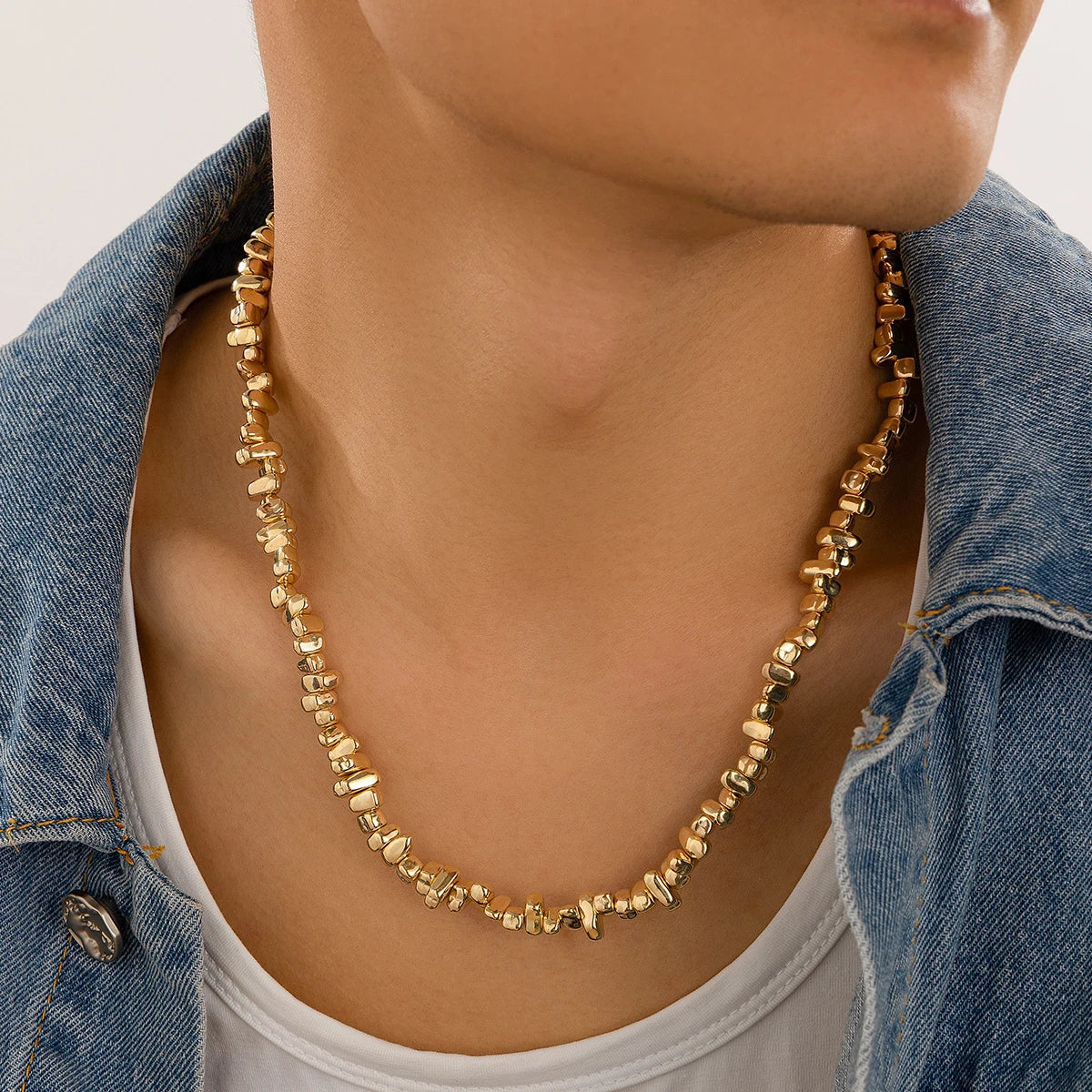 Hip Hop Irregular Beads Short Choker Necklace for Men Trend Silver Color CCB Beaded Collar Chain Male Jewelry on the Neck New