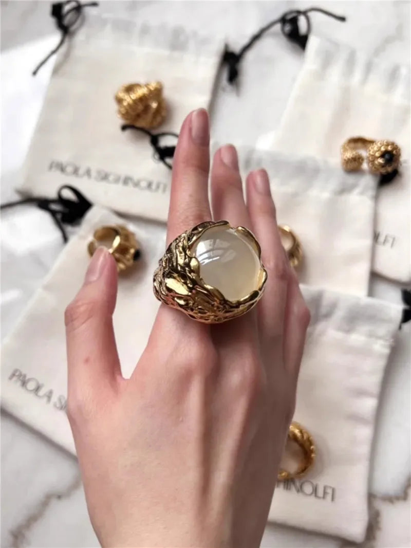 Retro  Agate Natural Stone Crystal Ring Gold Color Metal Open for Women Brass Jewelry 2024 Light Luxury European And American