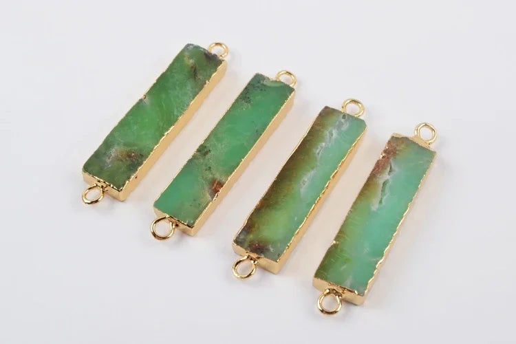 Golden Plating Rectangle Natural Australian Jades Connector Chrysoprases Double Charms for Necklace Pendant Jewelry