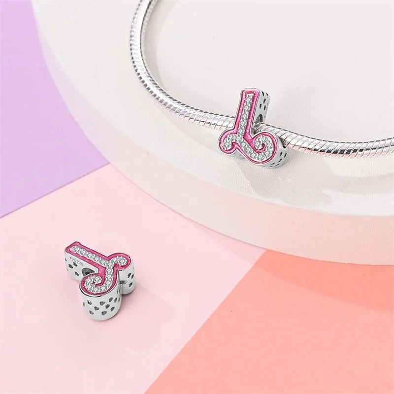 925 Sterling Silver Romantic Pink 26 Letters DIY Love Charms Beads Fit Pandora 925 Original Bracelets Fine Birthday Jewelry Gift