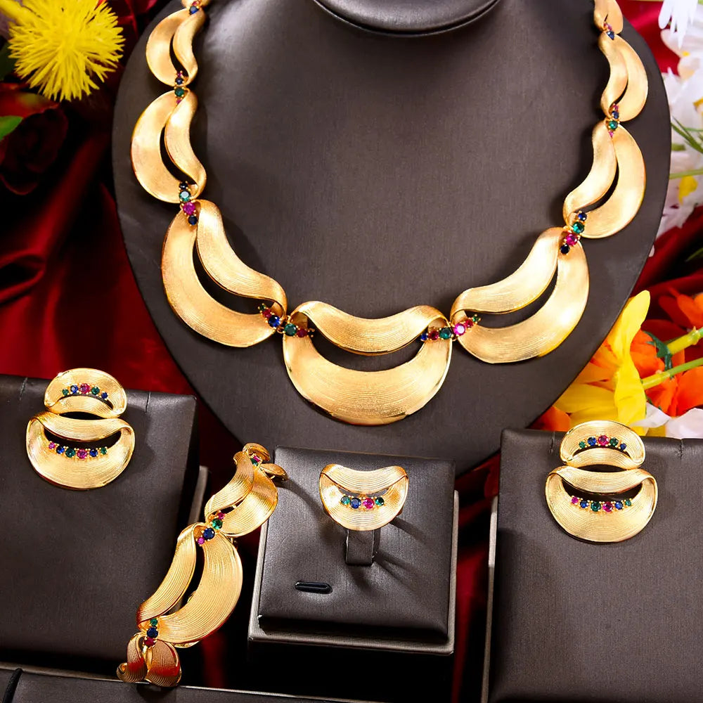 Luxury 4pcs Geometric Italian 18K Gold Jewelry Sets Necklace Earring Bangle Ring Set For Women Wedding Trendy HOT New
