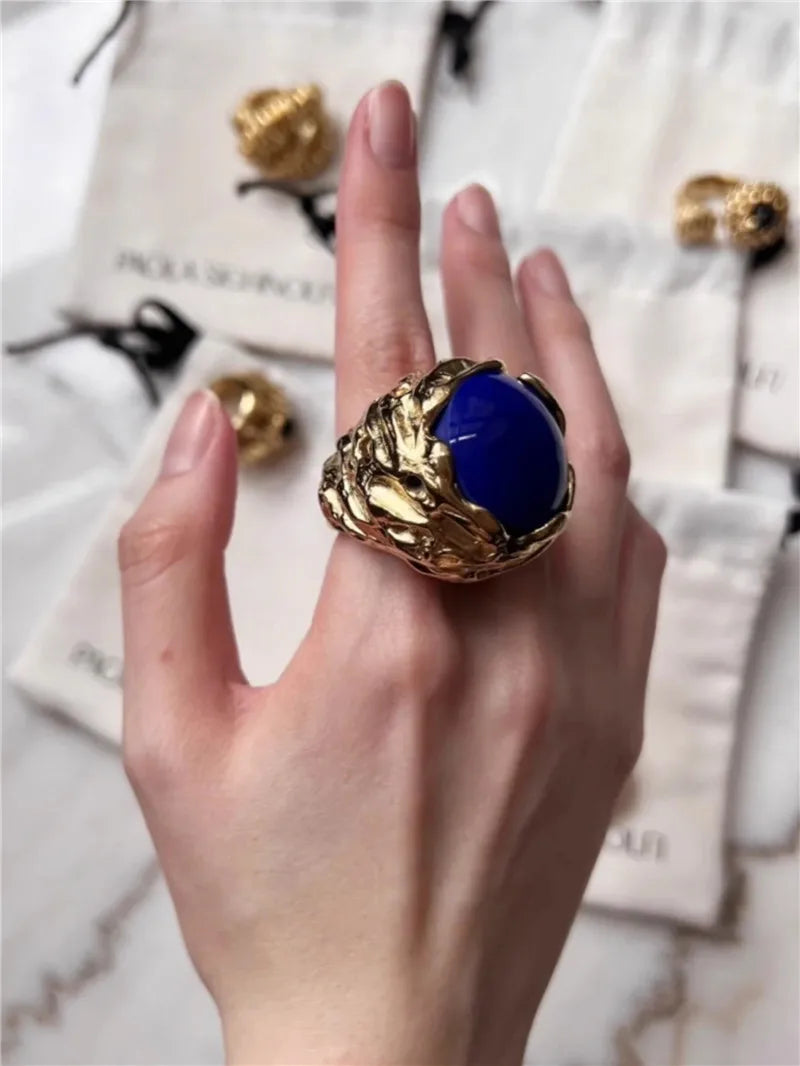Retro  Agate Natural Stone Crystal Ring Gold Color Metal Open for Women Brass Jewelry 2024 Light Luxury European And American