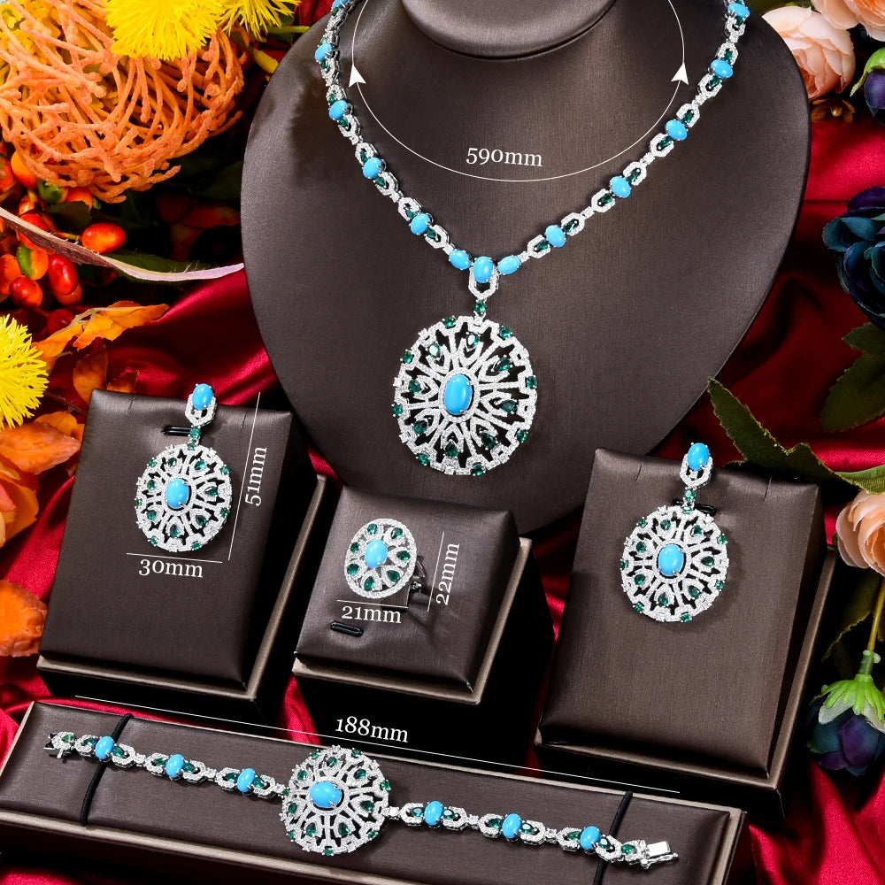 New Fashion Turquoise UAE Dubai Bridal Jewelry Set For Women Wedding Party Nigerian African Necklace Earring Set
