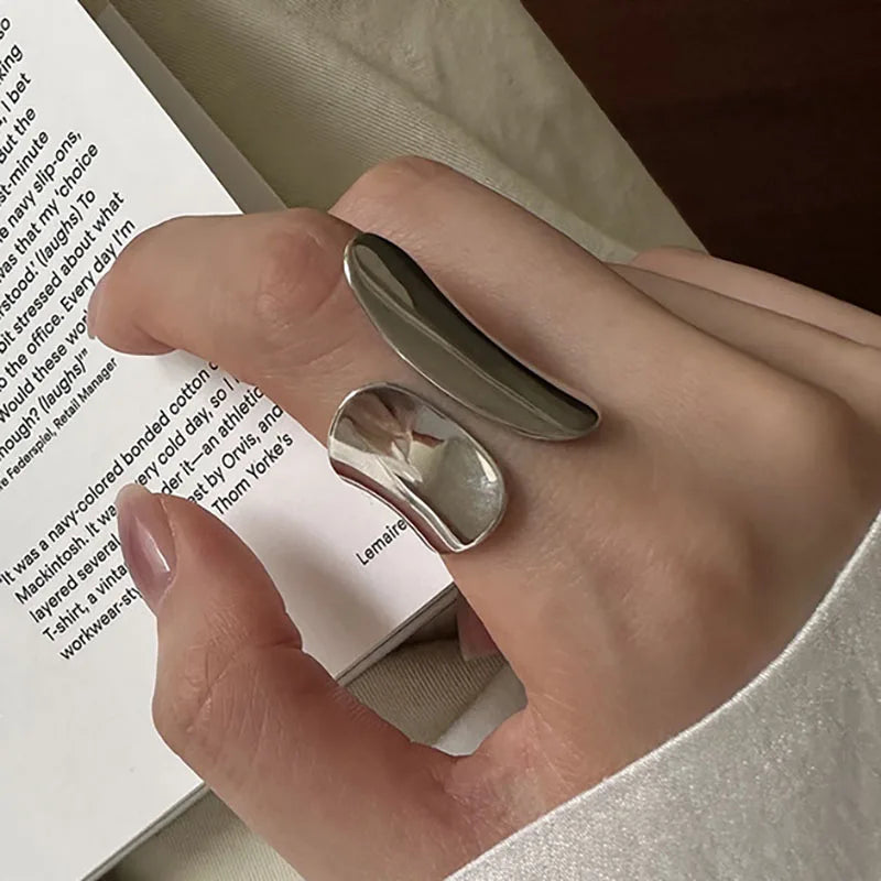 Foxanry Minimalist Silver Color Cuff Rings for Women Couples New Fashion Creative Smooth Pattern Geometric Party Jewelry Gifts