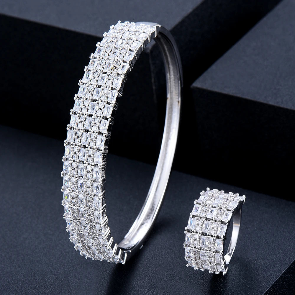 Trend DUBAI CZ Bangle Ring Set For Women Wedding PARTY Baguette Cut Zirconia AFRICAN Bridal Jewelry Sets BOHO
