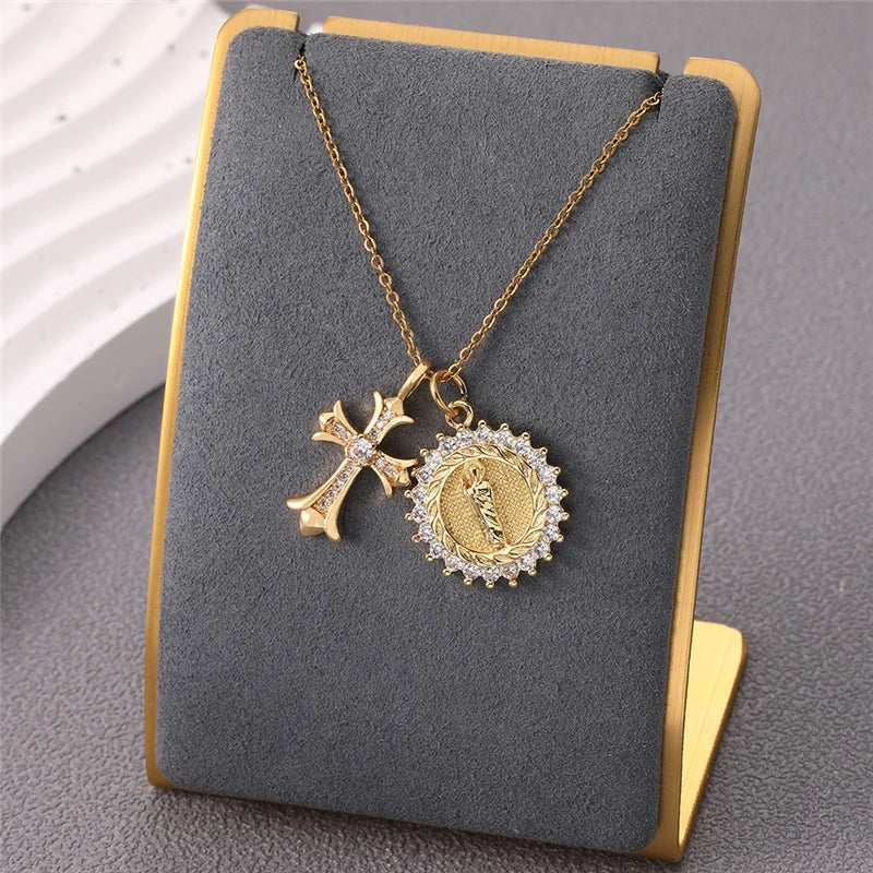 Multiple styles copper Necklace zircon Golden circular Cross Virgin Mary Pendent Necklaces For Charm Women Birthday Jewelr