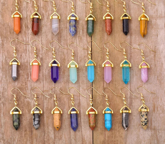 Elegant Women Double Point Gemstone Hook Earring For Women Amethsyt Rose Crystal Point Gold Dangle Earring Fashion Jewelry Gift