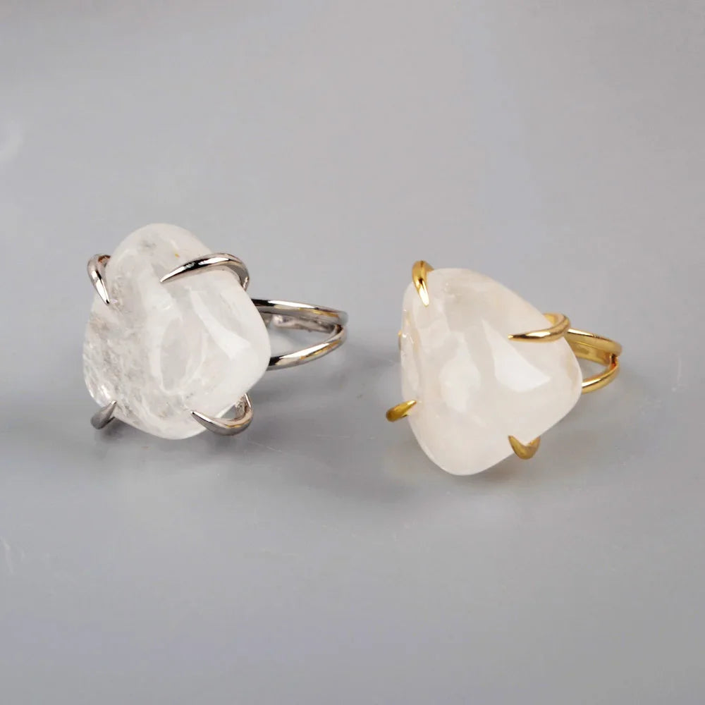 Unique Golden/Silver Plated White Quartz Claw Adjustable Ring Natural Jewelry for Women Engagement Statement Gifts