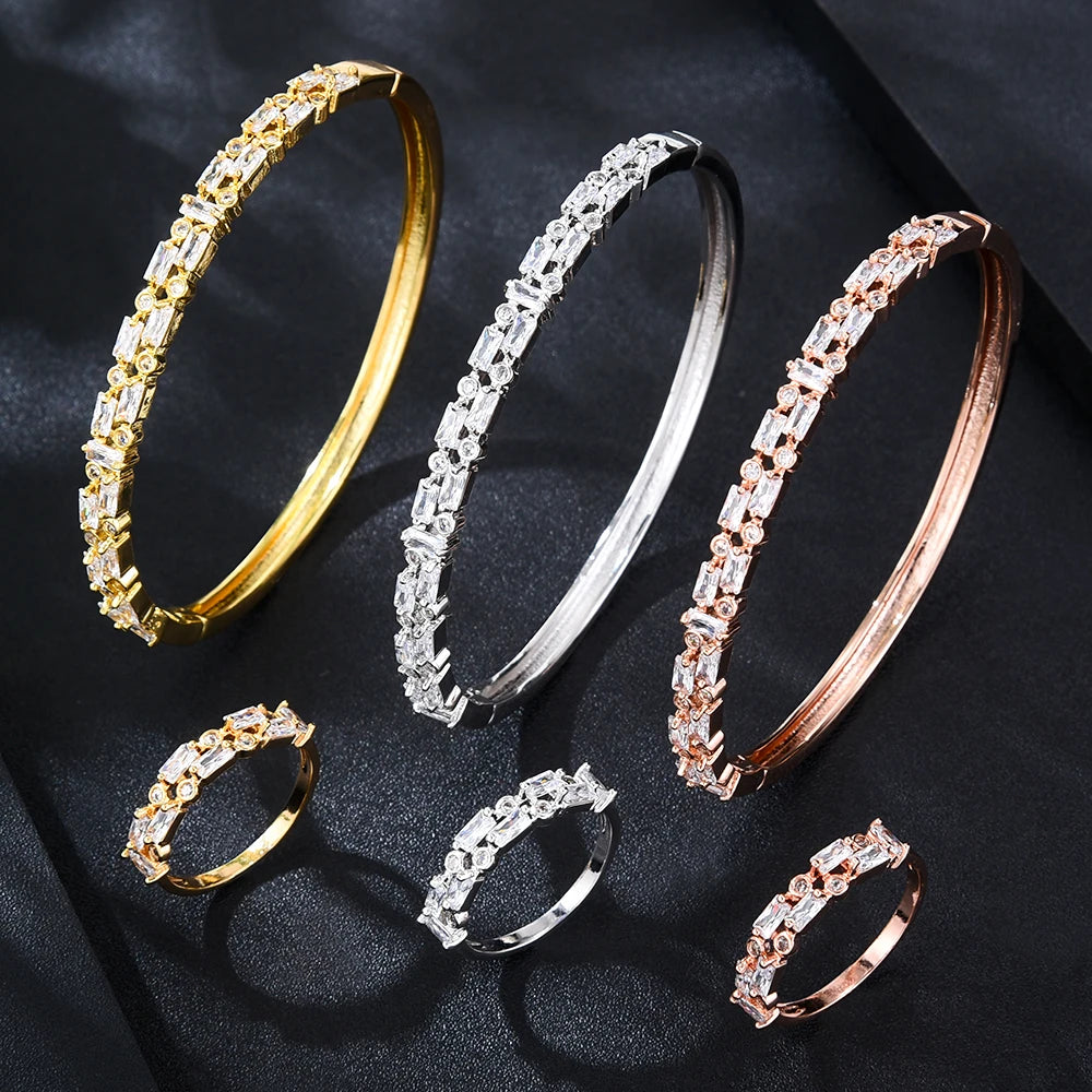 Trend DUBAI CZ Bangle Ring Set For Women Wedding PARTY Baguette Cut Zirconia AFRICAN Bridal Jewelry Sets BOHO