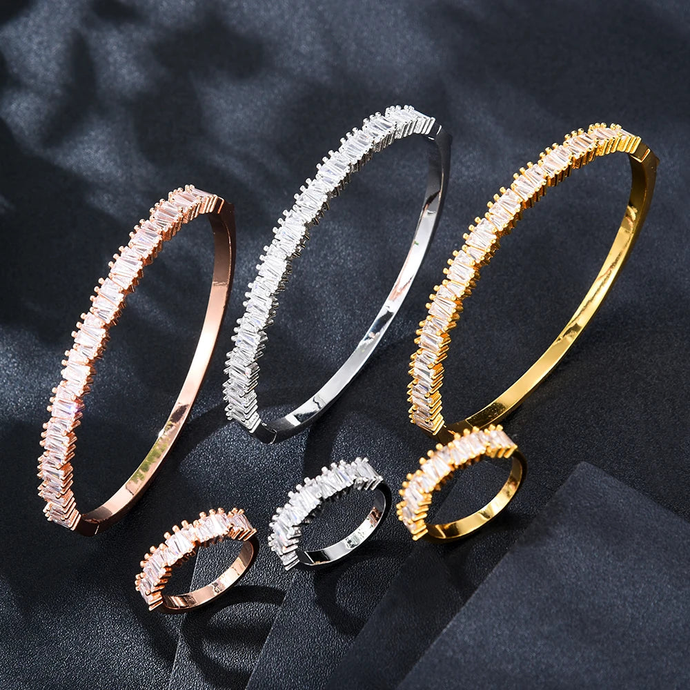 Trend DUBAI CZ Bangle Ring Set For Women Wedding PARTY Baguette Cut Zirconia AFRICAN Bridal Jewelry Sets BOHO