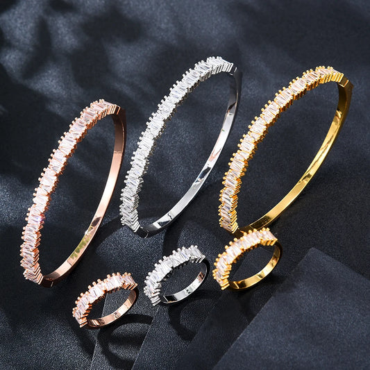 Trend DUBAI CZ Bangle Ring Set For Women Wedding PARTY Baguette Cut Zirconia AFRICAN Bridal Jewelry Sets BOHO