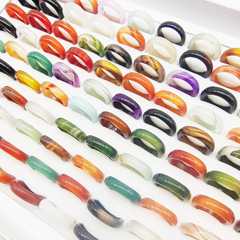 20pcs/50pcs/Lot Wholesale New Natural Veins Agate Stone Finger Rings for Women Hot Mix Colors Jewelry Fashion Wedding Joint Ring