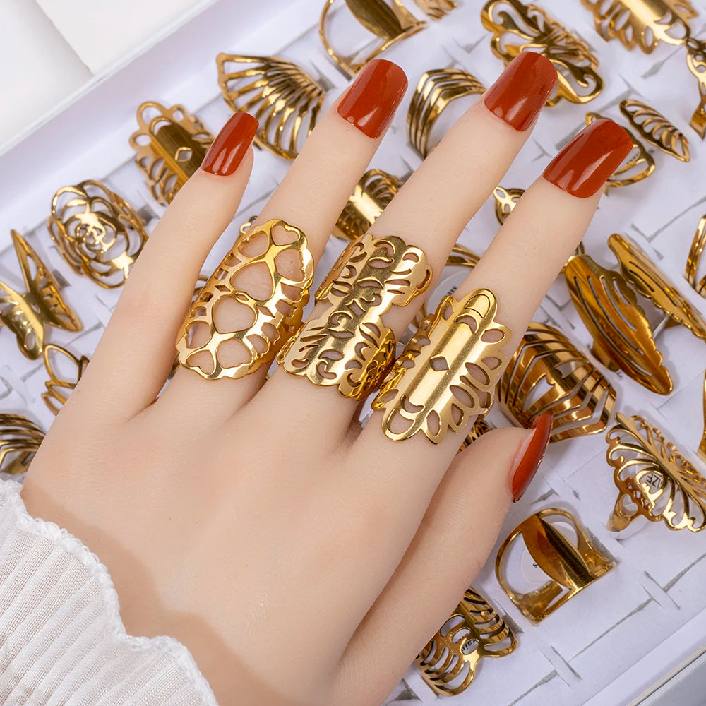 20pcs/lot Women's Fashion Stainless Steel Big And Small Hollow Cut Jewelry Rings Mix Love Flower Heart Style For Party Gift