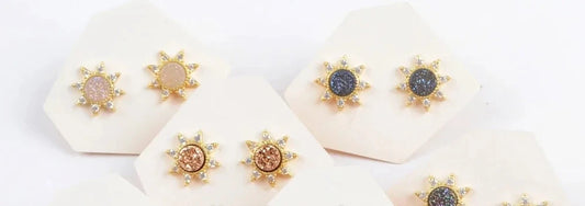 Wholesale Golden Plated CZ Micro Paved 7mm Round Studs 5Pairs Rainbow Natural Agates Druzy Stud Earrings Girls Gifts
