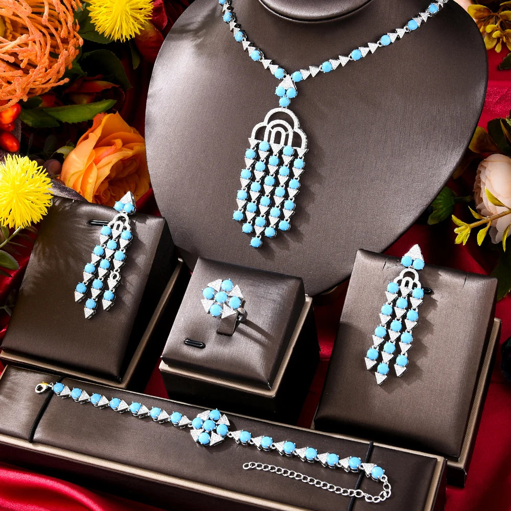 New Fashion Turquoise UAE Dubai Bridal Jewelry Set For Women Wedding Party Nigerian African Necklace Earring Set