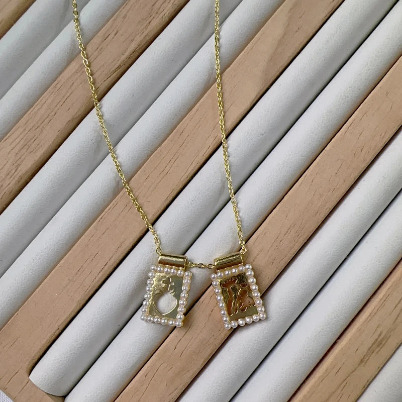 5 pcs/lot New Design Fashion Pendant Necklace Gold Plated Brass Pearl Thin Chain Hollow Pendant Necklaces Jewelry