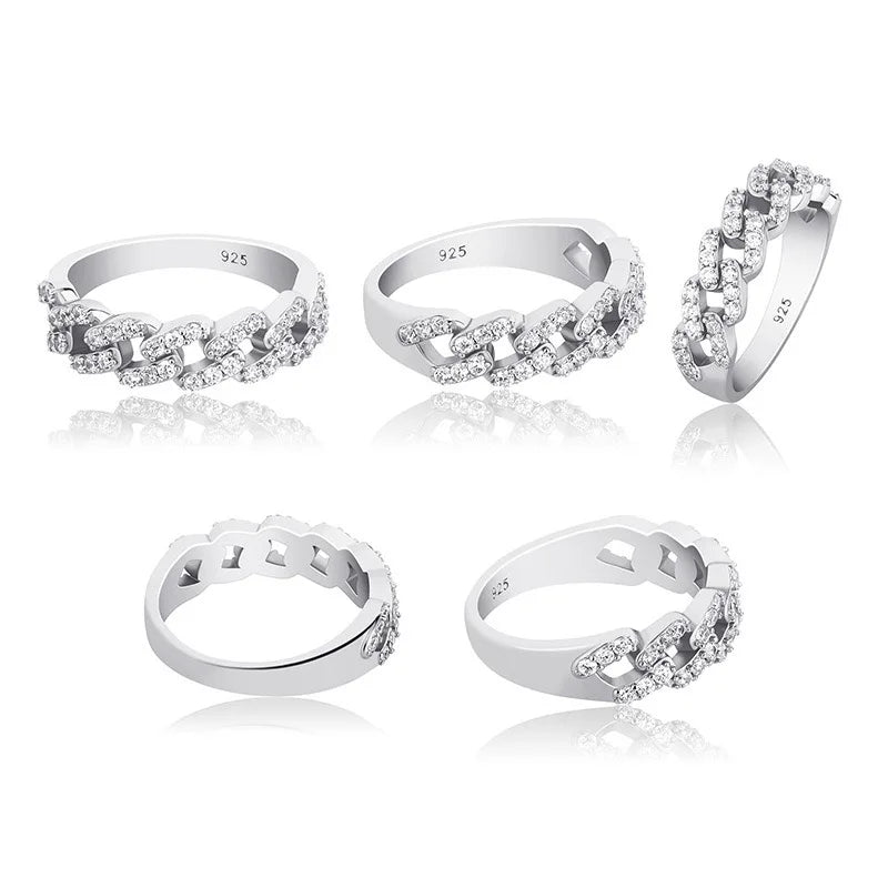 925 Sterling Silver 3a Zircon Cuban Link Ring for Women Men Hiphop Jewelry Cubic Zirconia Engagement Wedding Ring Party Gift