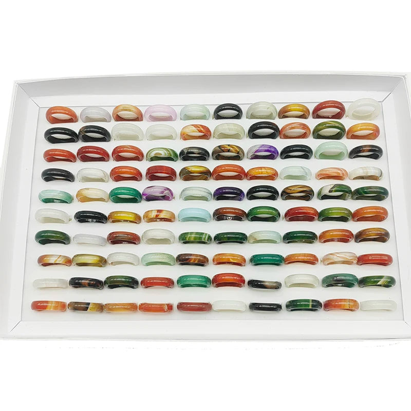 20pcs/50pcs/Lot Wholesale New Natural Veins Agate Stone Finger Rings for Women Hot Mix Colors Jewelry Fashion Wedding Joint Ring
